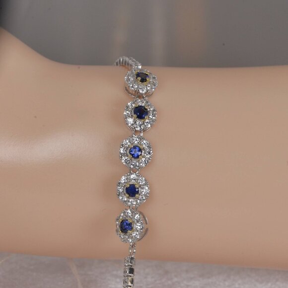 Halo Round Cut Natural Blue Sapphire 925 Sterling Silver Tennis Bracelet, 7" #3 - Picture 2 of 4